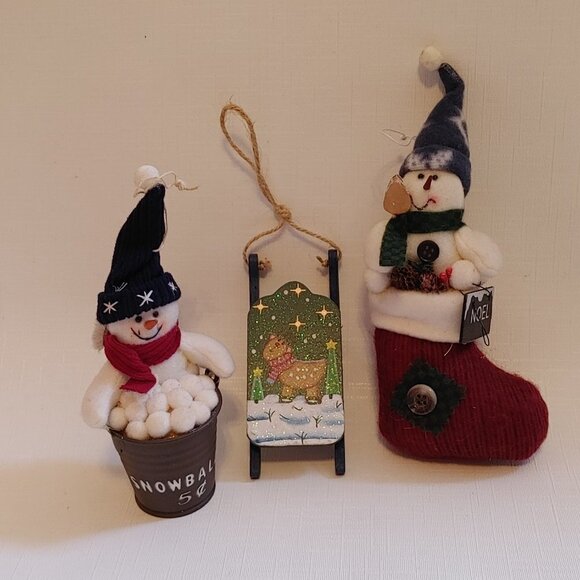 ADORABLE Snowman Ornament Lot of 3 Hand Painted Sleigh 2 Snoeman Ornamen… - Picture 2 of 6
